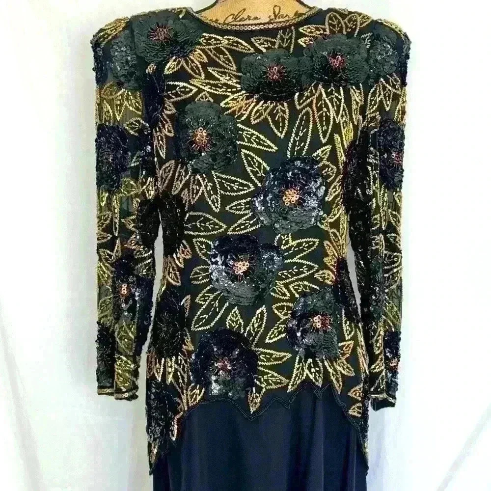 Vintage 1980s Morgan Taylor Evening 100% Silk Black Gold Beaded Sequins Dress - Picture 1 of 10